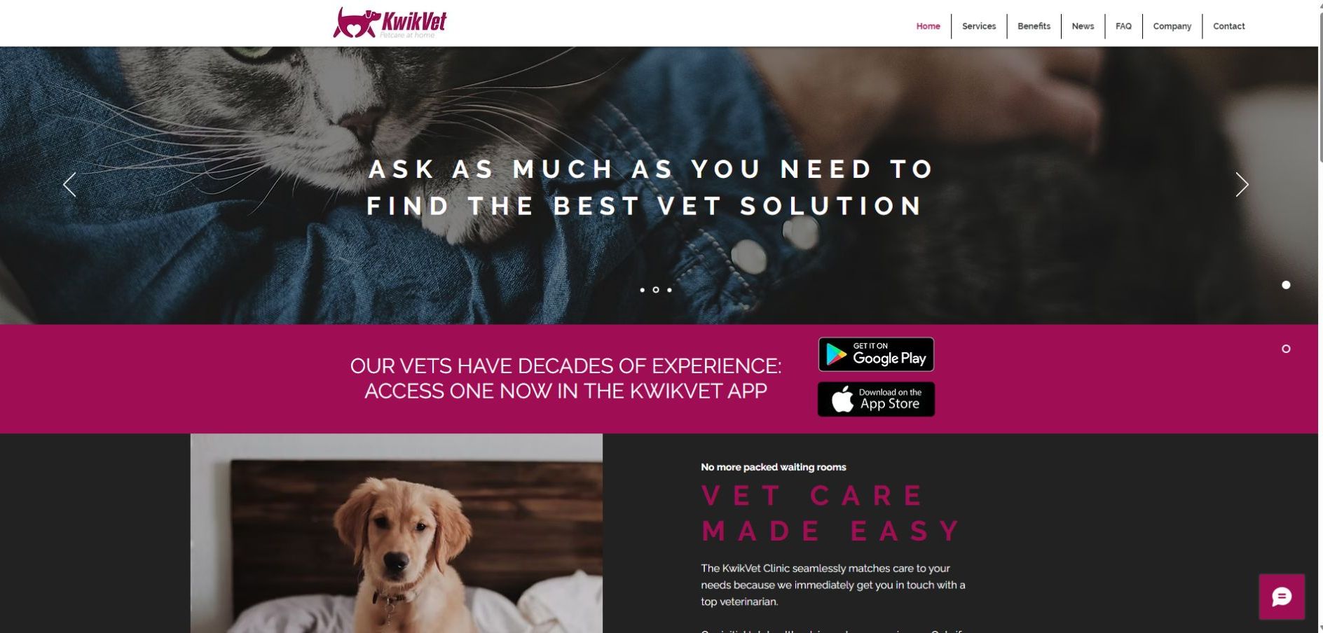 Página pública de KwikVet presentando atención veterinaria en casa y por teléfono