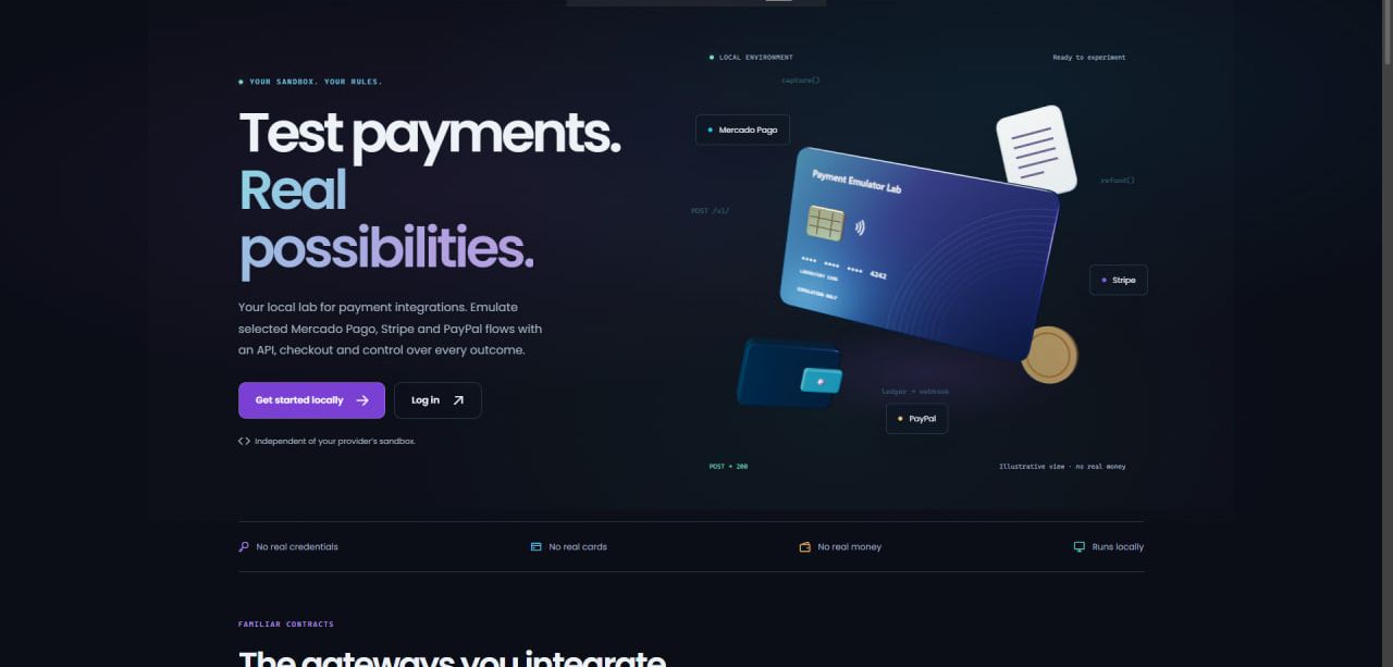 Payment Emulator Lab landing page presenting a local environment for testing payment integrations